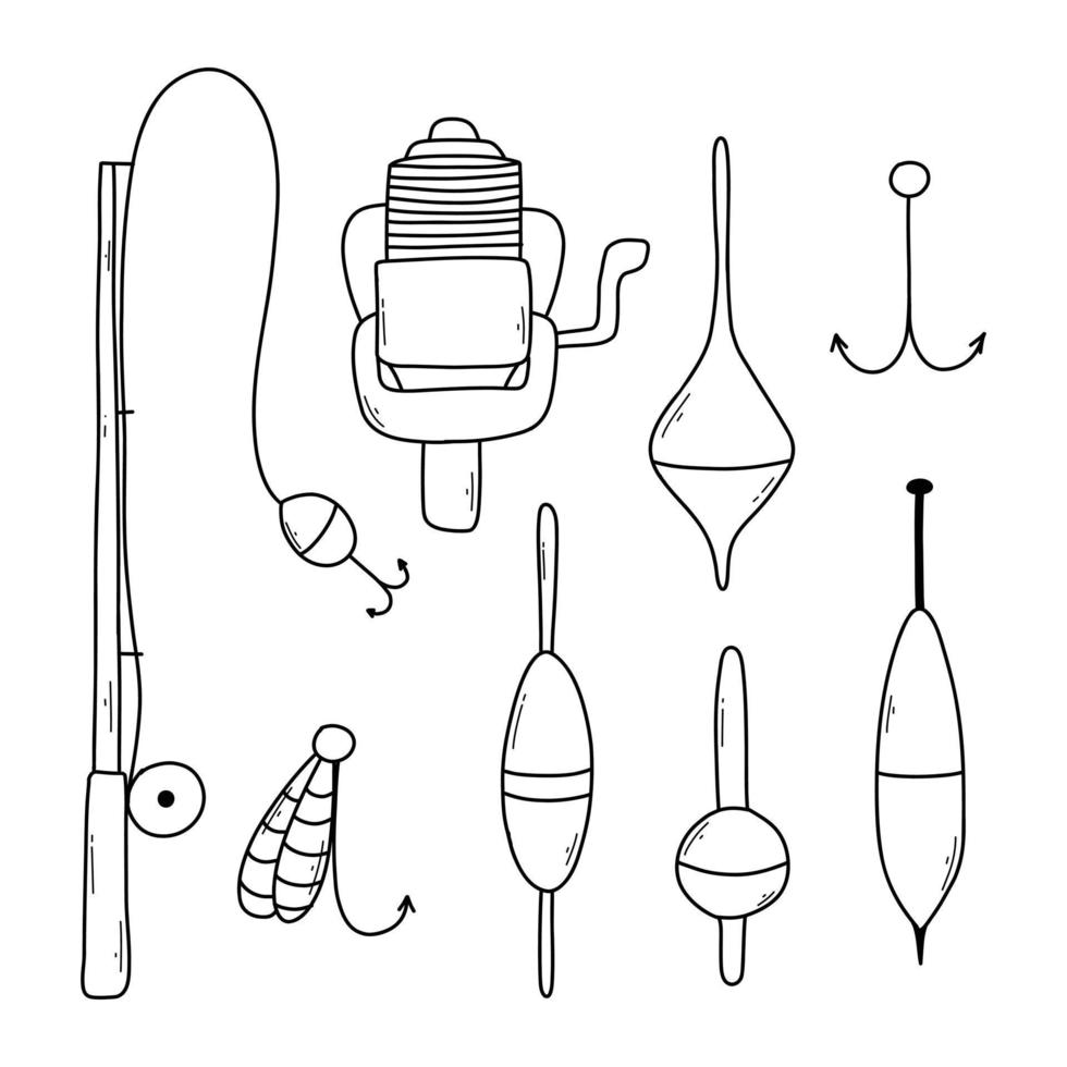 Set of elements for fishing.Collection of tackle and lures for fishing. vector illustration. Doodle style. Bright set for summer fishing.