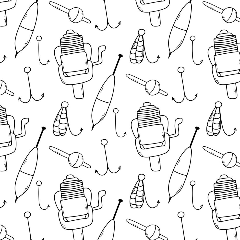 Seamless pattern with fishing tackle. Fisherman print. Vector illustration. Doodle style. Pattern with linear floats, hooks.