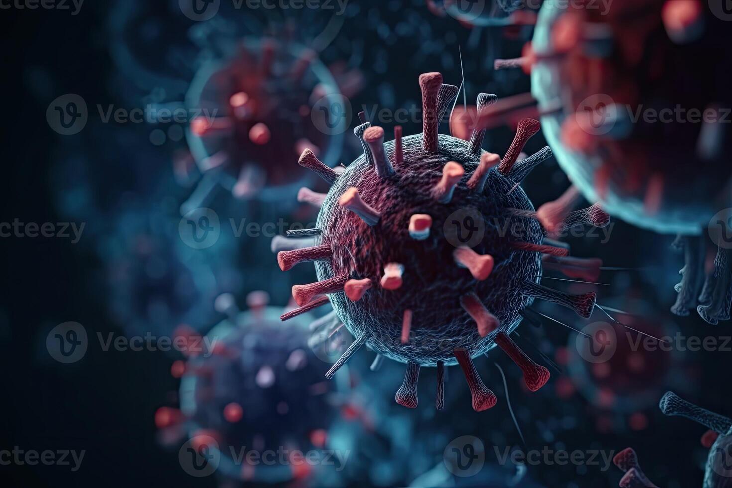 Microscope close-up of the coronavirus covid-19 disease. 2019-nCoV spreading in body cell. 3D rendering of the bacteria on a microscopic level. photo