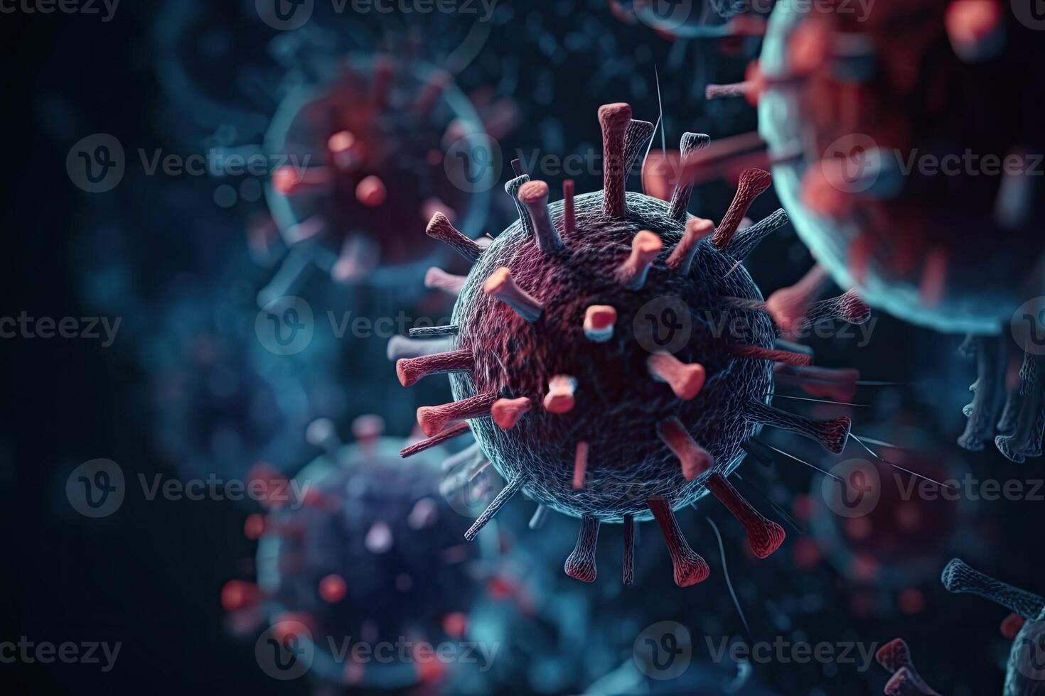 microscopio de cerca de el coronavirus covid-19 enfermedad. 2019-ncov extensión en cuerpo celúla. 3d representación de el bacterias en un microscópico nivel. generativo ai foto