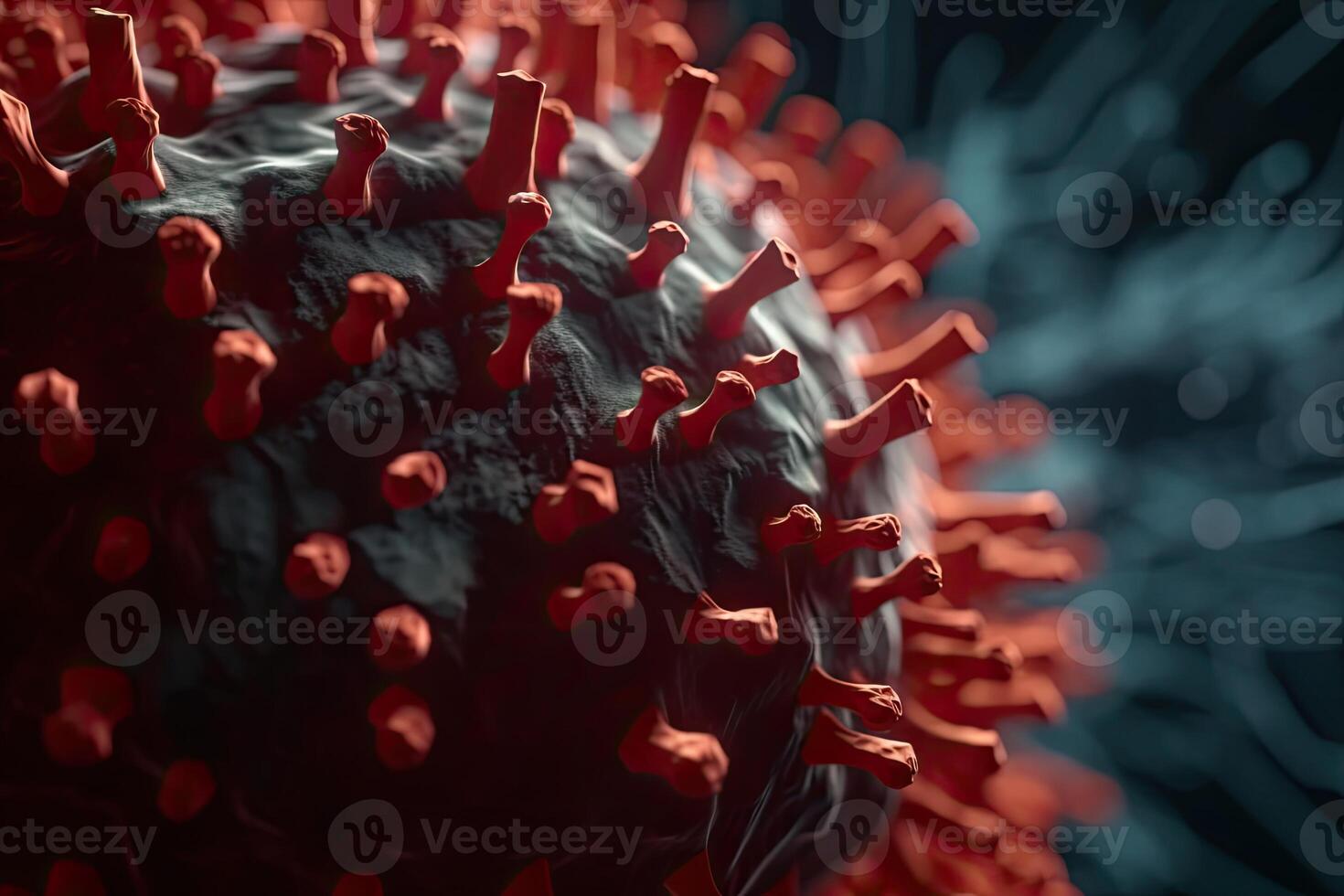 Microscope close-up of the coronavirus covid-19 disease. 2019-nCoV spreading in body cell. 3D rendering of the bacteria on a microscopic level. photo