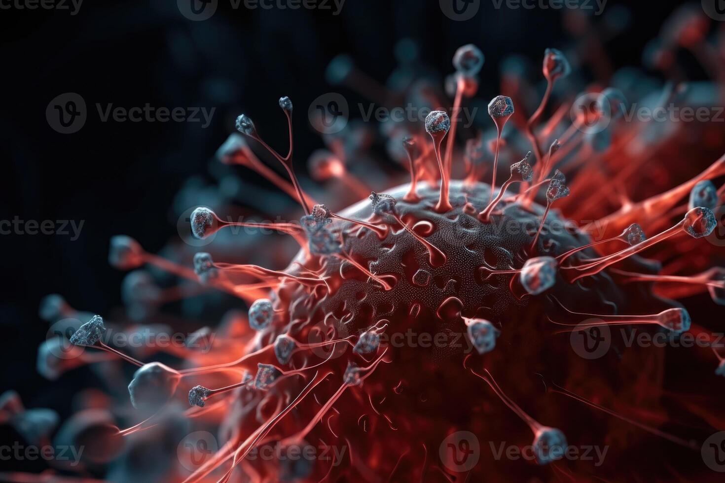 Microscope close-up of the coronavirus covid-19 disease. 2019-nCoV spreading in body cell. 3D rendering of the bacteria on a microscopic level. photo