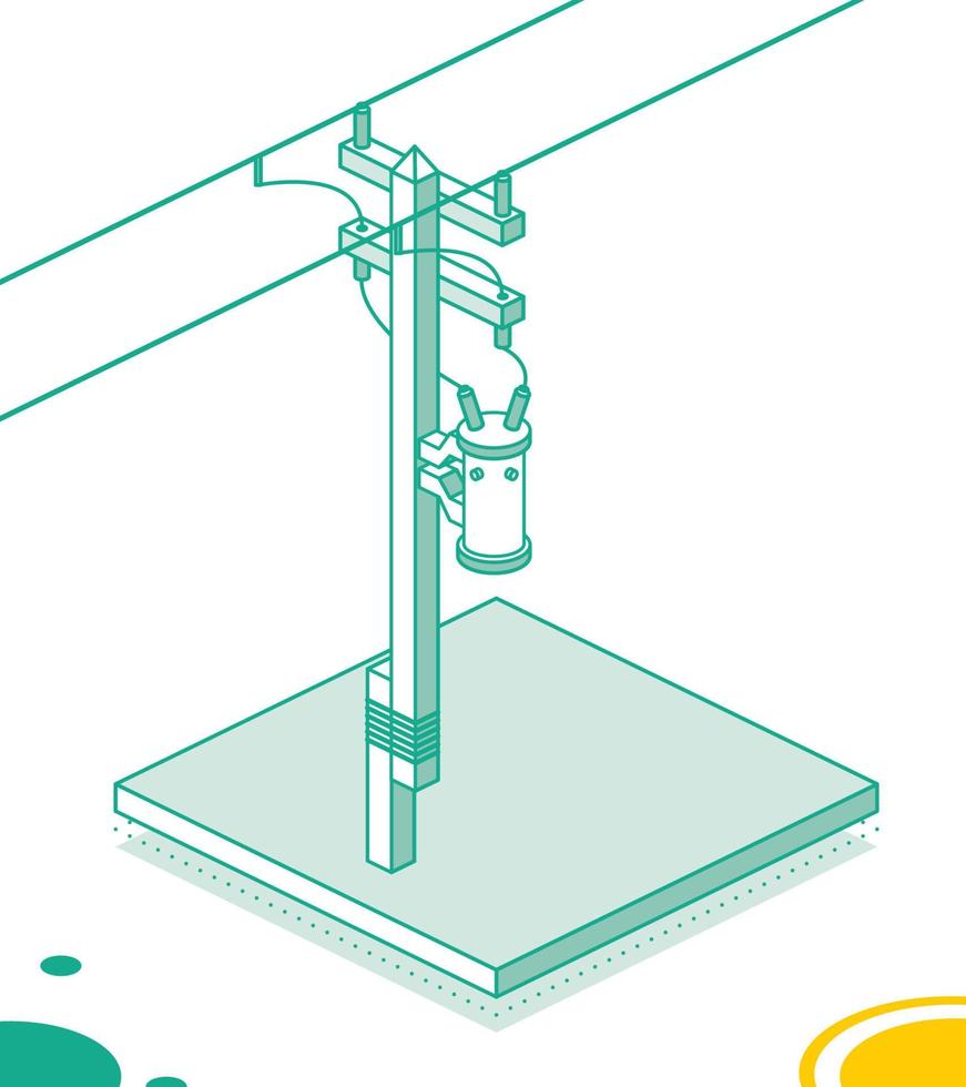 isométrica eléctrico polo secundario alto voltaje poder línea. eléctrico transformador en pilón. contorno concepto aislado en blanco antecedentes. vector