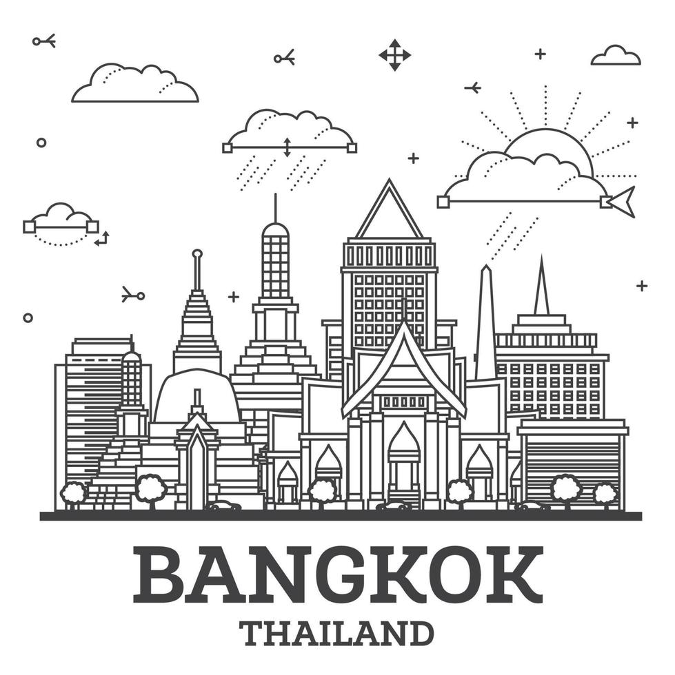 Outline Bangkok Thailand City Skyline with Modern and Historic Buildings Isolated on White. Bangkok Cityscape with Landmarks. vector