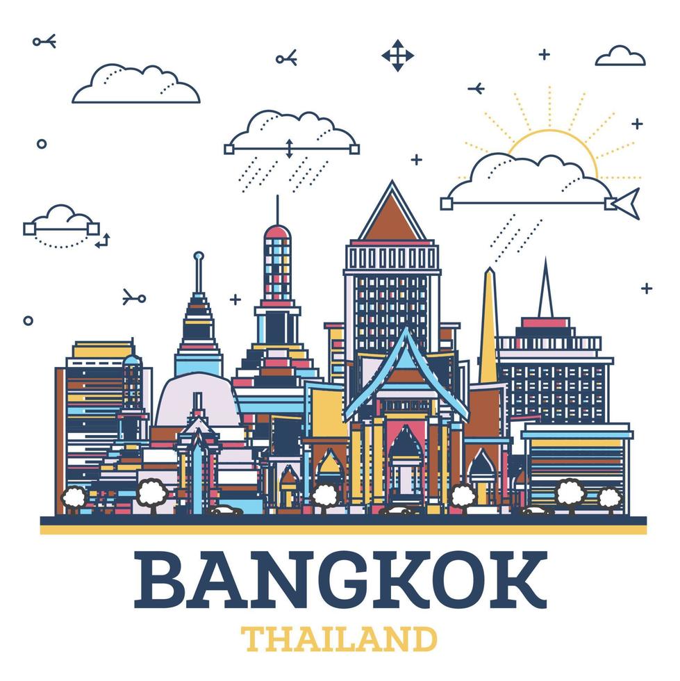 contorno Bangkok Tailandia ciudad horizonte con de colores histórico edificios aislado en blanco. Bangkok paisaje urbano con puntos de referencia vector