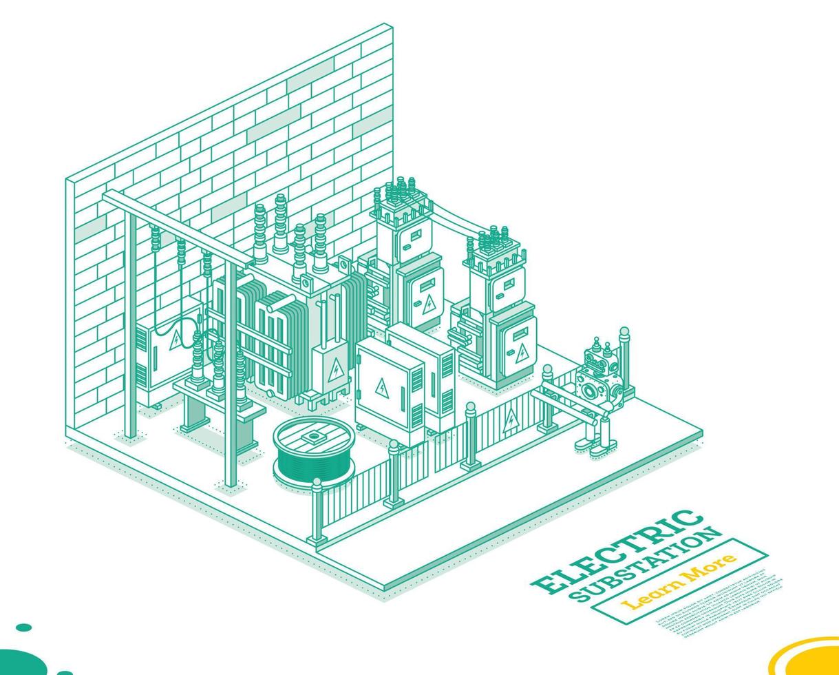 Isometric Energy Substation Interior. Electric Transformer. Outline Concept. Green Color. Part of Distribution Chain. vector