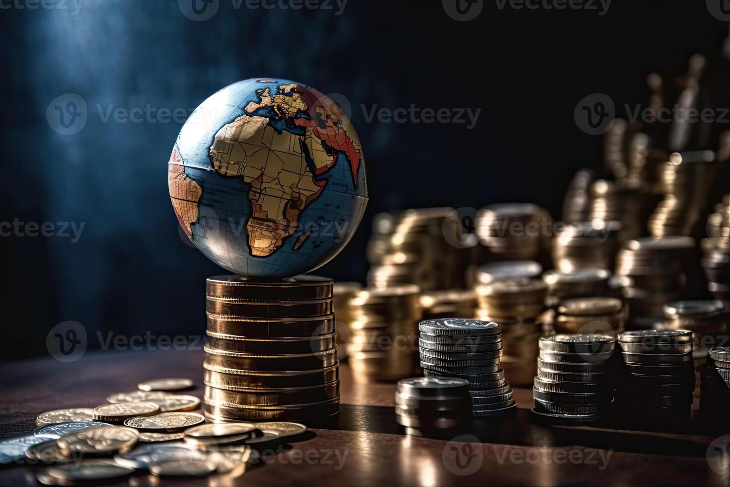 Globe and stack with coins. Money makes the world go round. photo