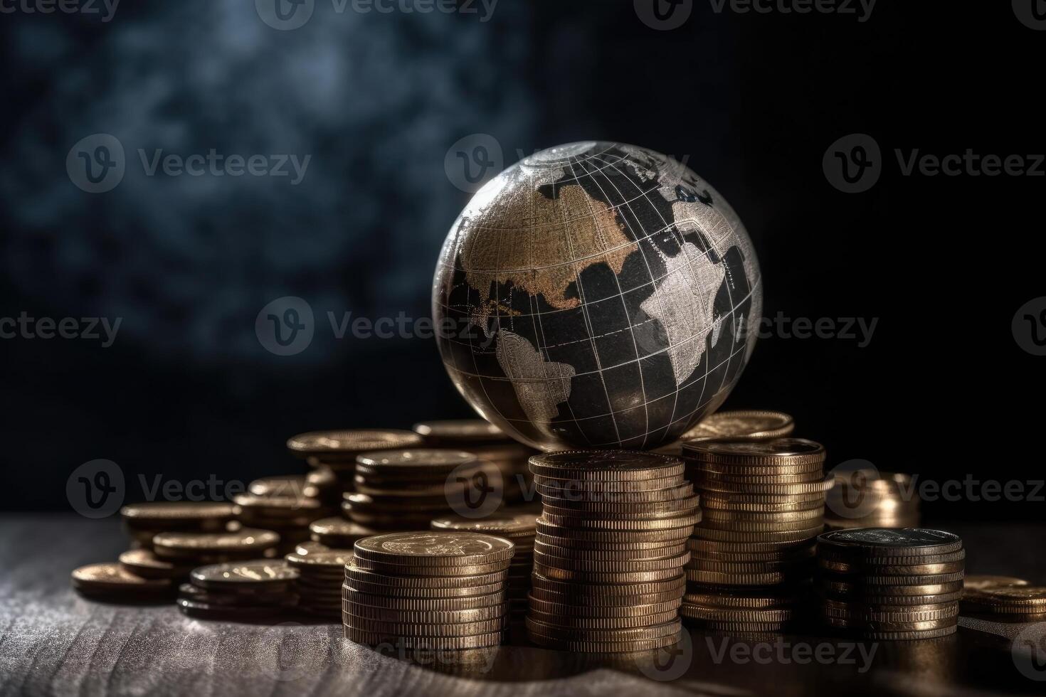 Globe and stack with coins. Money makes the world go round. photo