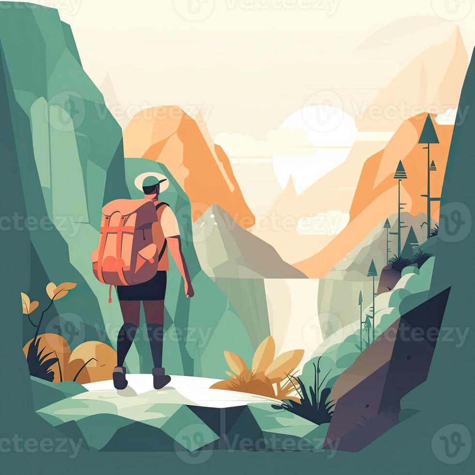 ilustración en el tema de escalada, senderismo, senderismo, y caminando. Deportes, al aire libre recreación, aventuras en naturaleza, vacaciones. pasión de viajar. reducción de marcha moderno plano diseño. generativo ai foto