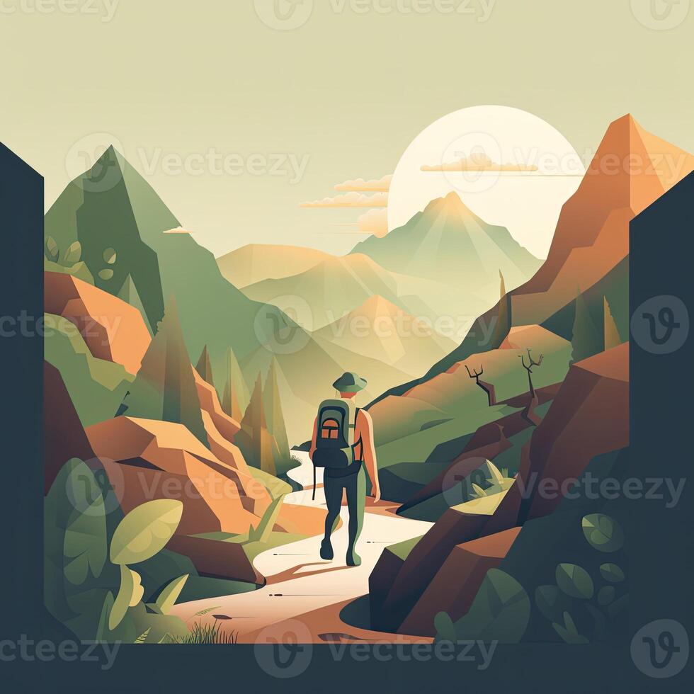 illustration on the theme of Climbing, Trekking, Hiking, and Walking. Sports, outdoor recreation, adventures in nature, vacation. Wanderlust. Downshifting. Modern flat design. photo