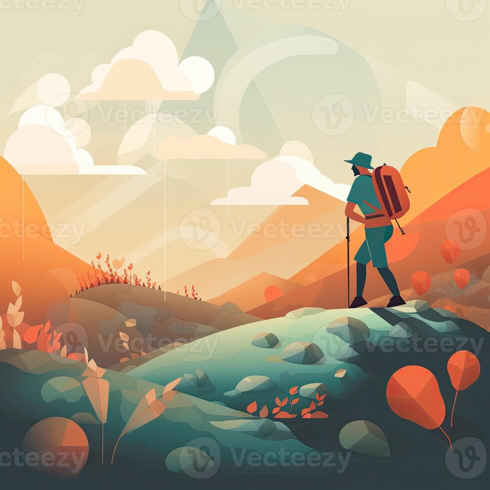 illustration on the theme of Climbing, Trekking, Hiking, and Walking. Sports, outdoor recreation, adventures in nature, vacation. Wanderlust. Downshifting. Modern flat design. photo
