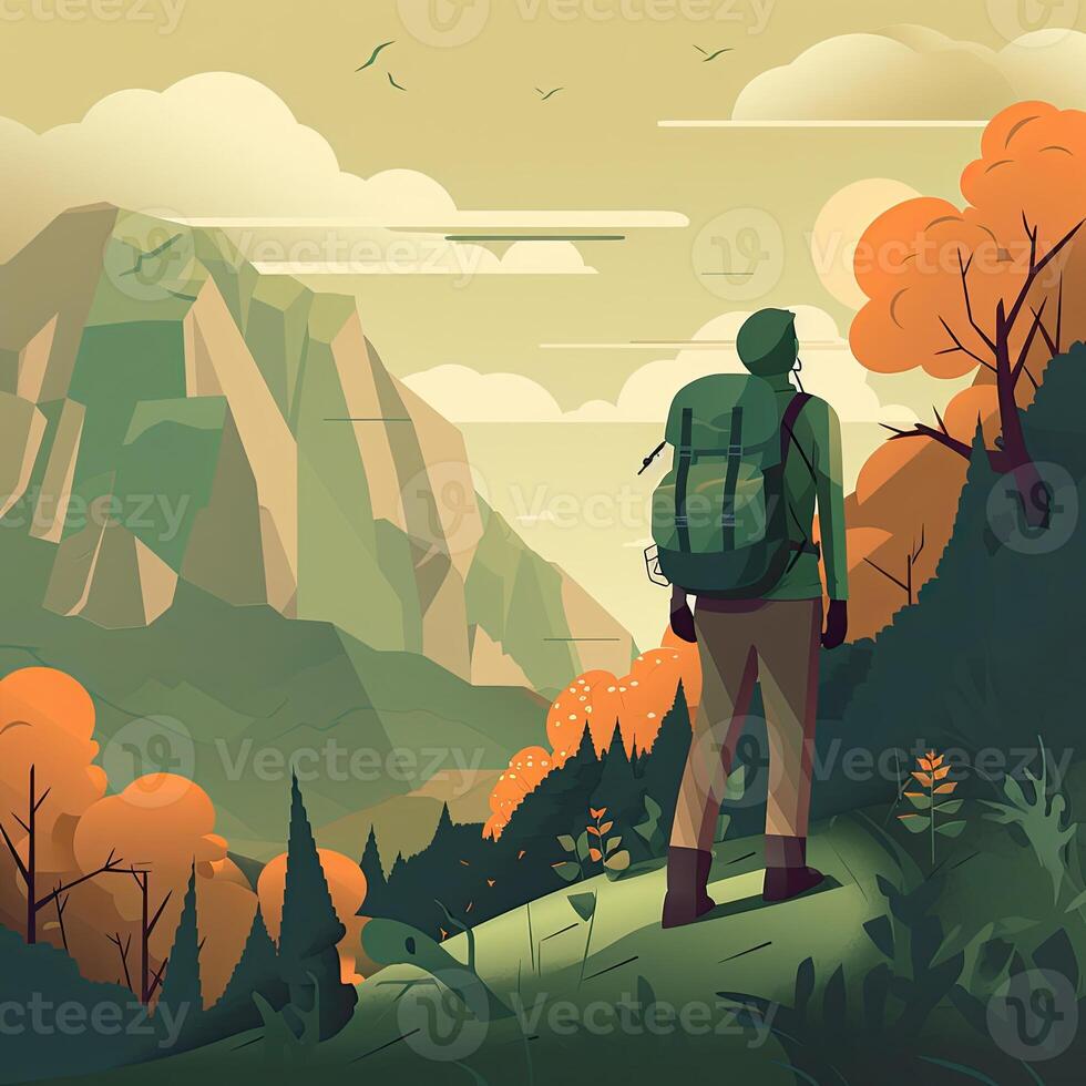 illustration on the theme of Climbing, Trekking, Hiking, and Walking. Sports, outdoor recreation, adventures in nature, vacation. Wanderlust. Downshifting. Modern flat design. photo