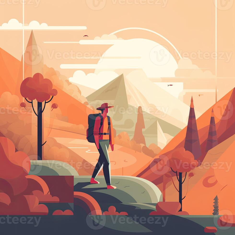 illustration on the theme of Climbing, Trekking, Hiking, and Walking. Sports, outdoor recreation, adventures in nature, vacation. Wanderlust. Downshifting. Modern flat design. photo