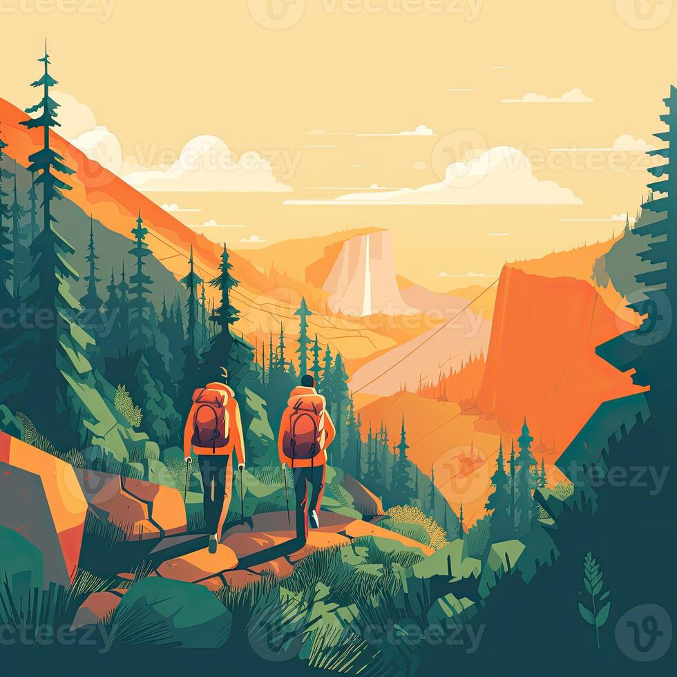 illustration on the theme of Climbing, Trekking, Hiking, and Walking. Sports, outdoor recreation, adventures in nature, vacation. Wanderlust. Downshifting. Modern flat design. photo