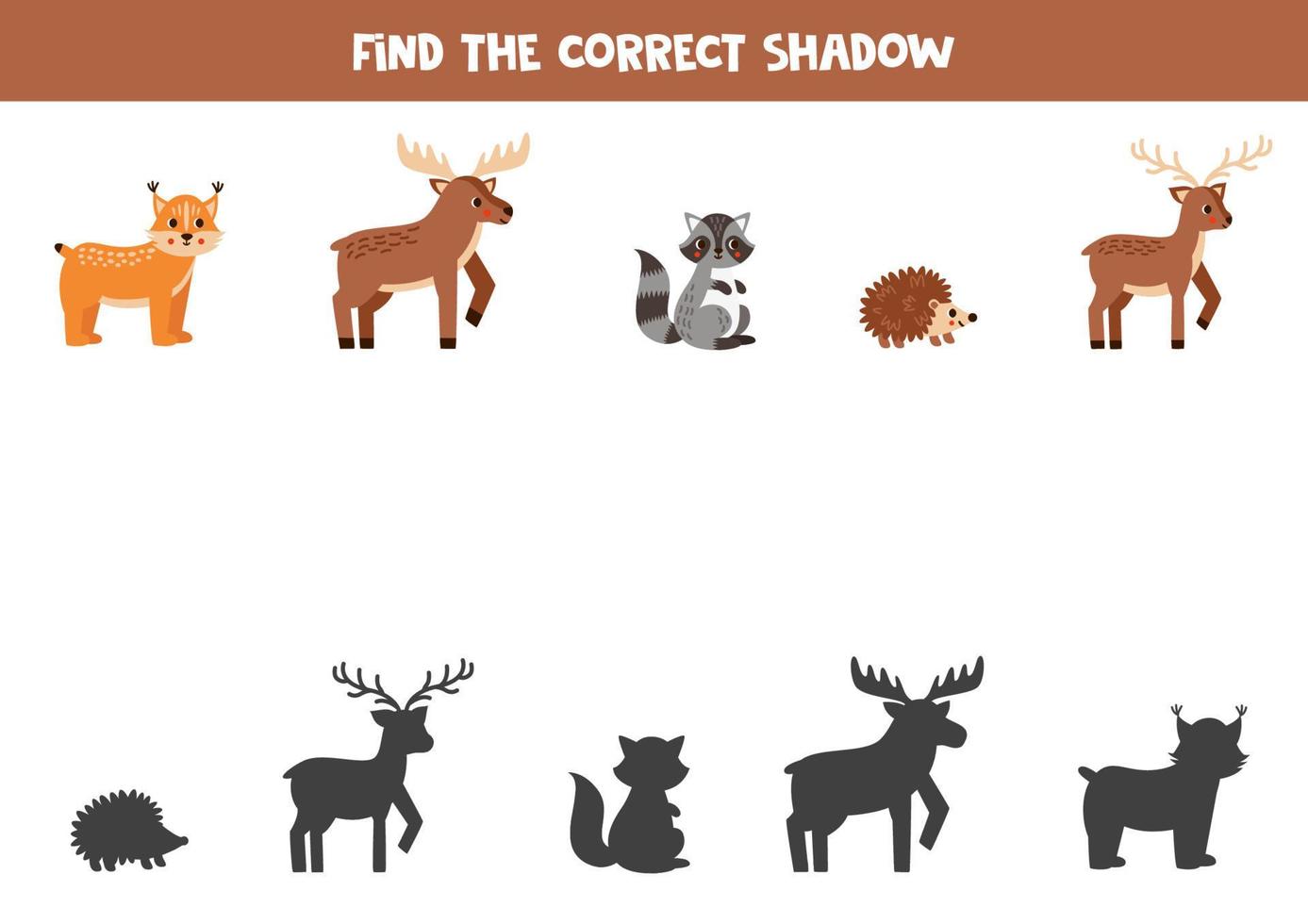 Find the correct shadows of cute forest animals. Logical puzzle for kids. vector