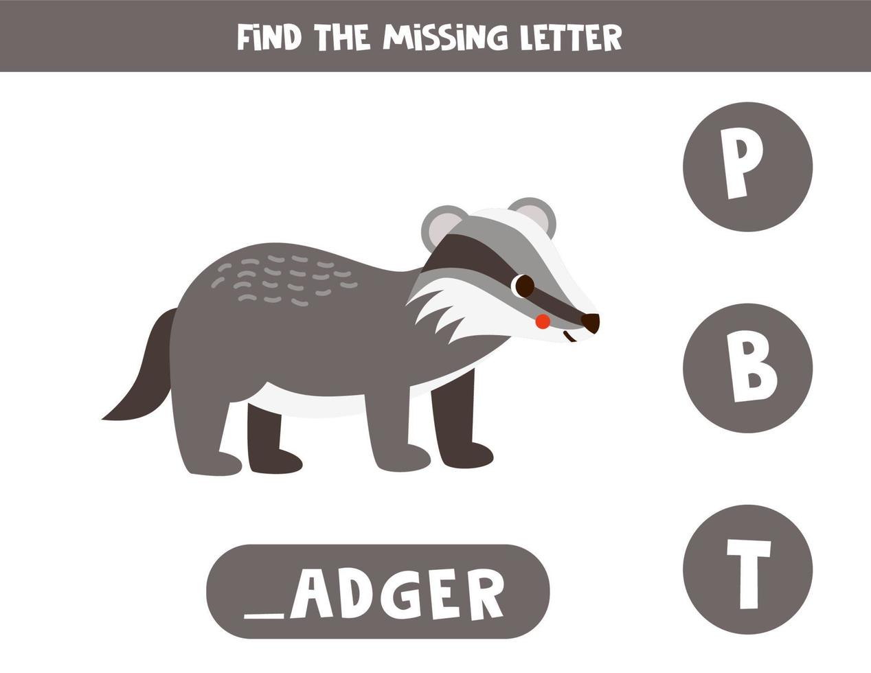 Find missing letter with cute cartoon badger. Spelling worksheet. vector