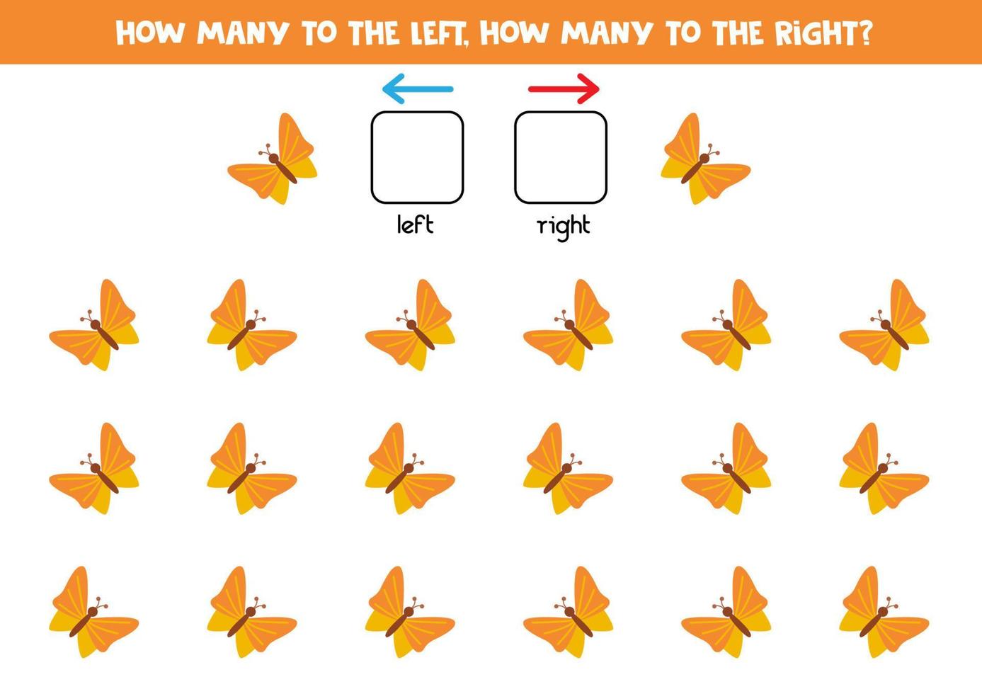 Left or right with cute cartoon butterfly. Logical worksheet for preschoolers. vector