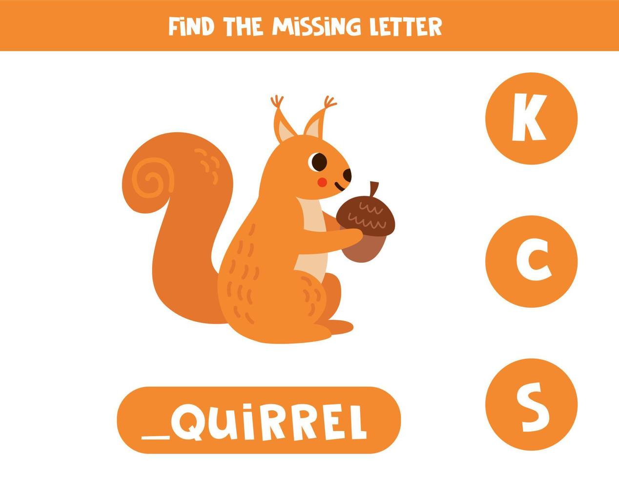 Find missing letter with cute cartoon squirrel.  Spelling worksheet. vector