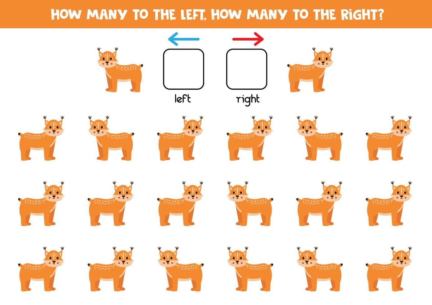 Left or right with cute cartoon lynx. Logical worksheet for preschoolers. vector