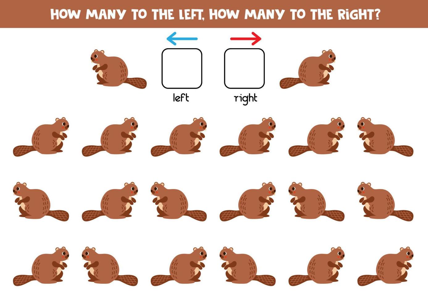 Left or right with cute cartoon beaver. Logical worksheet for preschoolers. vector