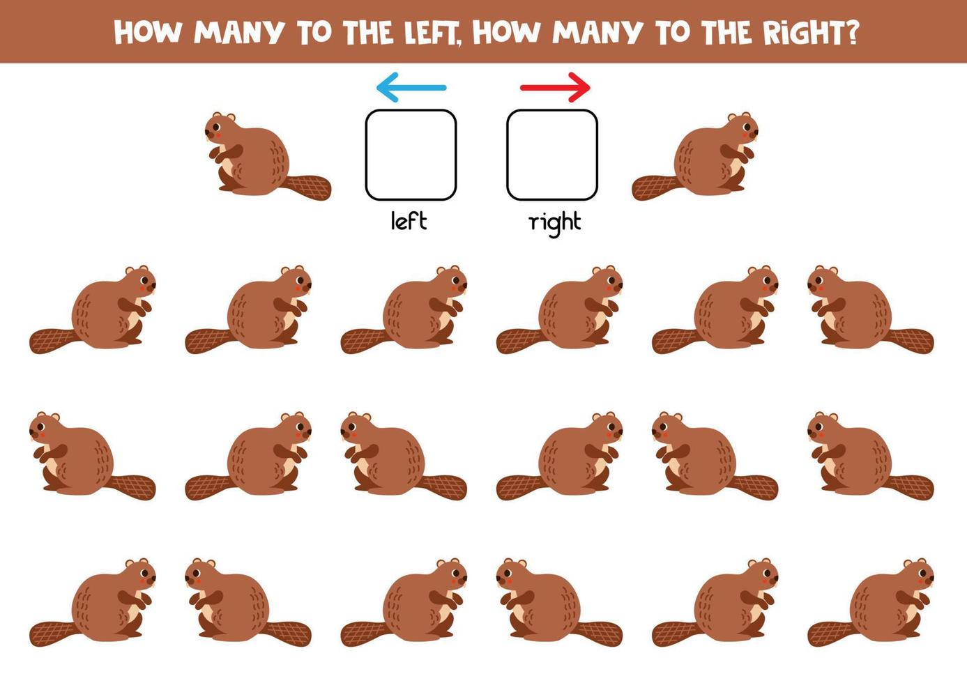 izquierda o Derecha con linda dibujos animados castor. lógico hoja de cálculo para preescolares vector