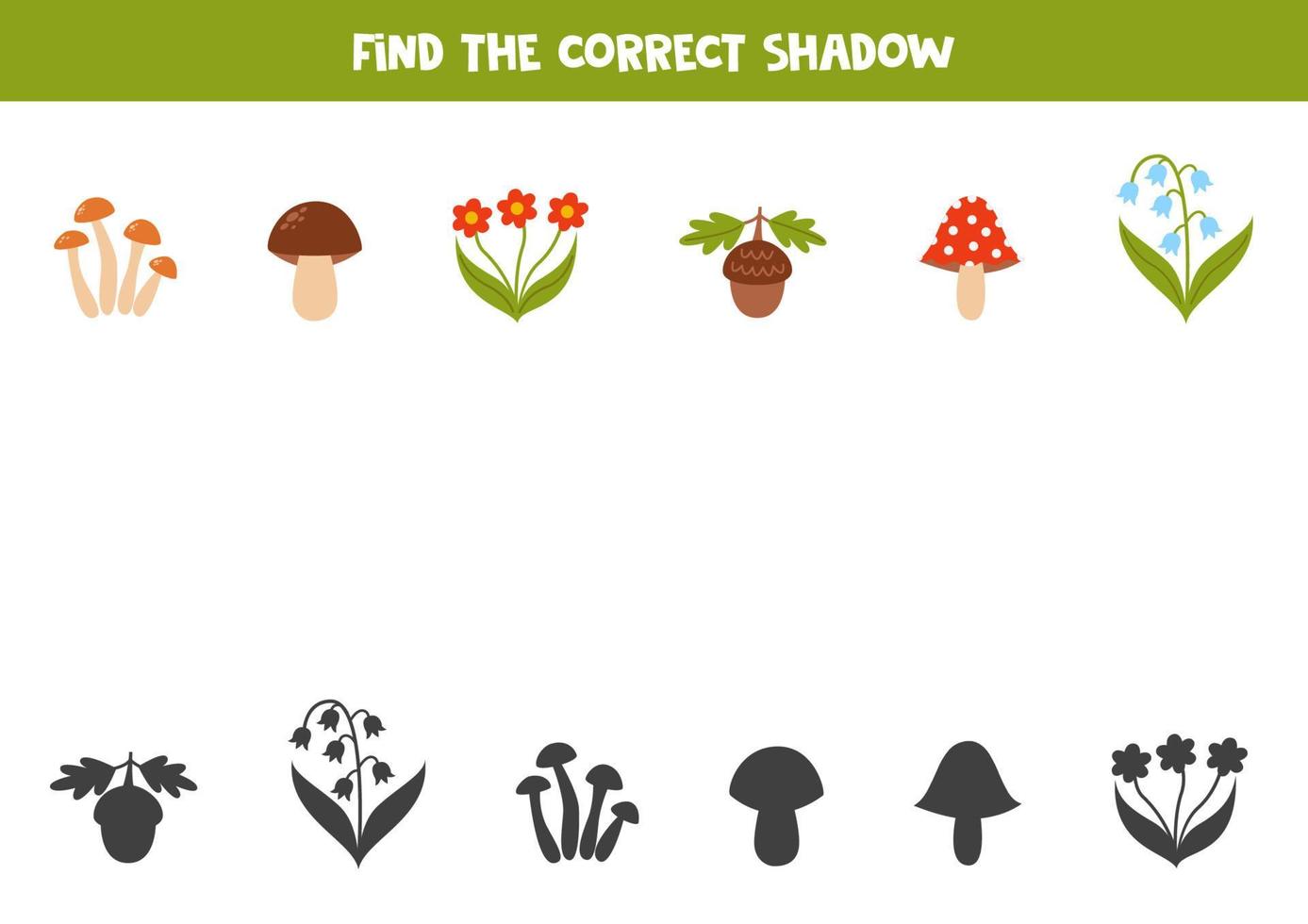 Find the correct shadows of cute forest elements. Logical puzzle for kids. vector