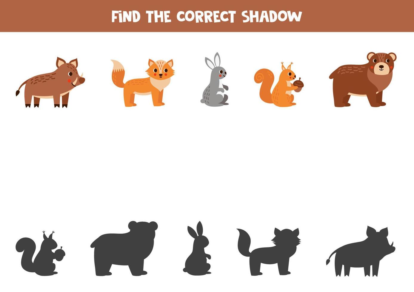 Find the correct shadows of cute forest animals. Logical puzzle for kids. vector