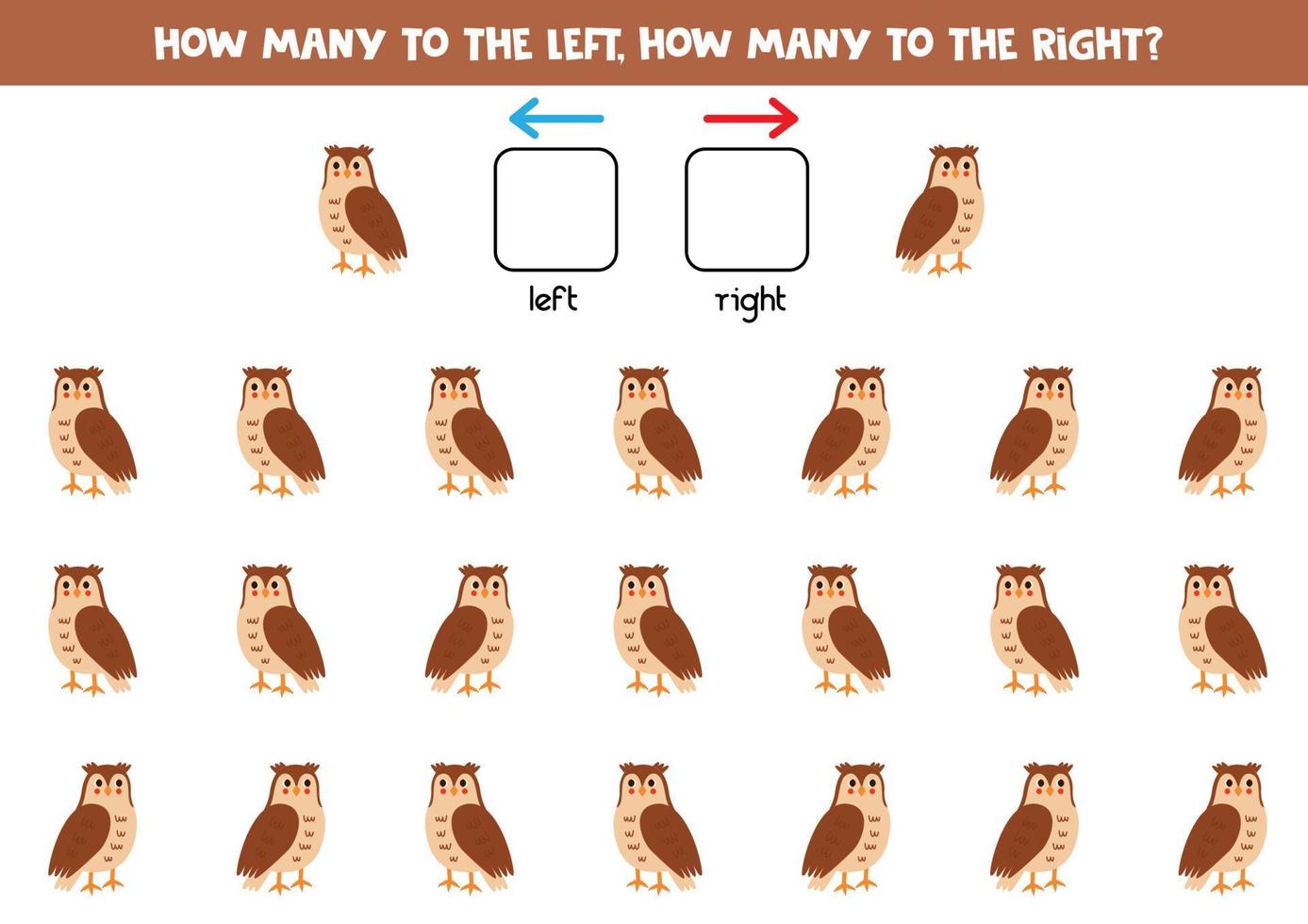 Left or right with cute cartoon owl. Logical worksheet for preschoolers. vector