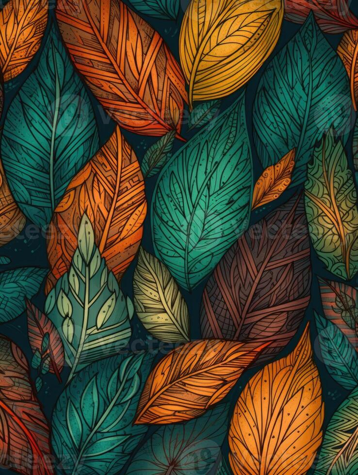 Abstract seamless pattern with tropical leaves. Hand draw texture. Vector template. photo