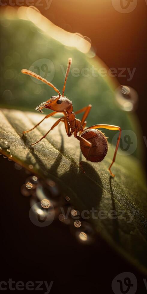 Macro shot of ant in nature. Ant is very small. Selective focus. . photo