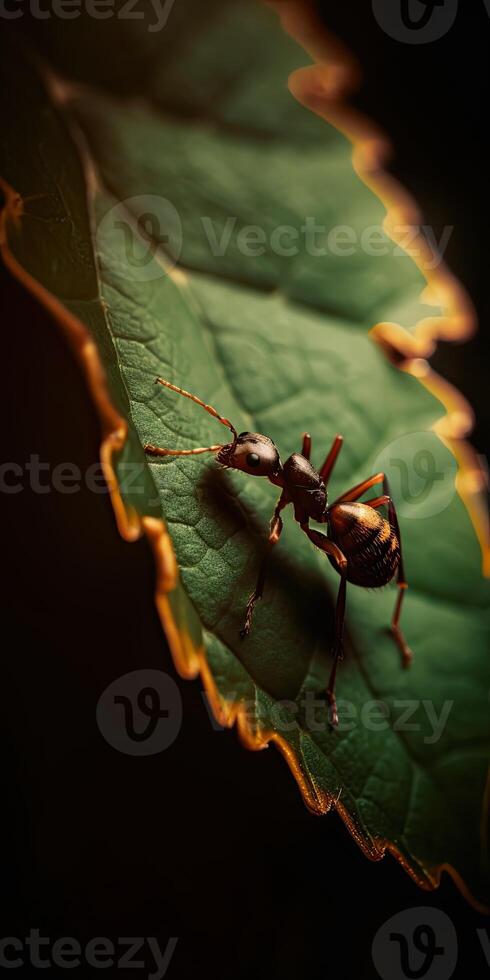 Macro shot of ant in nature. Ant is very small. Selective focus. . photo