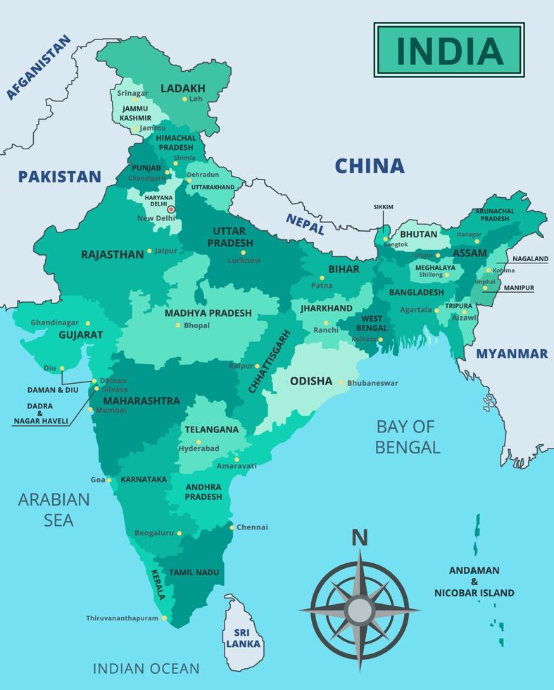 mapa de India con región nombres vector