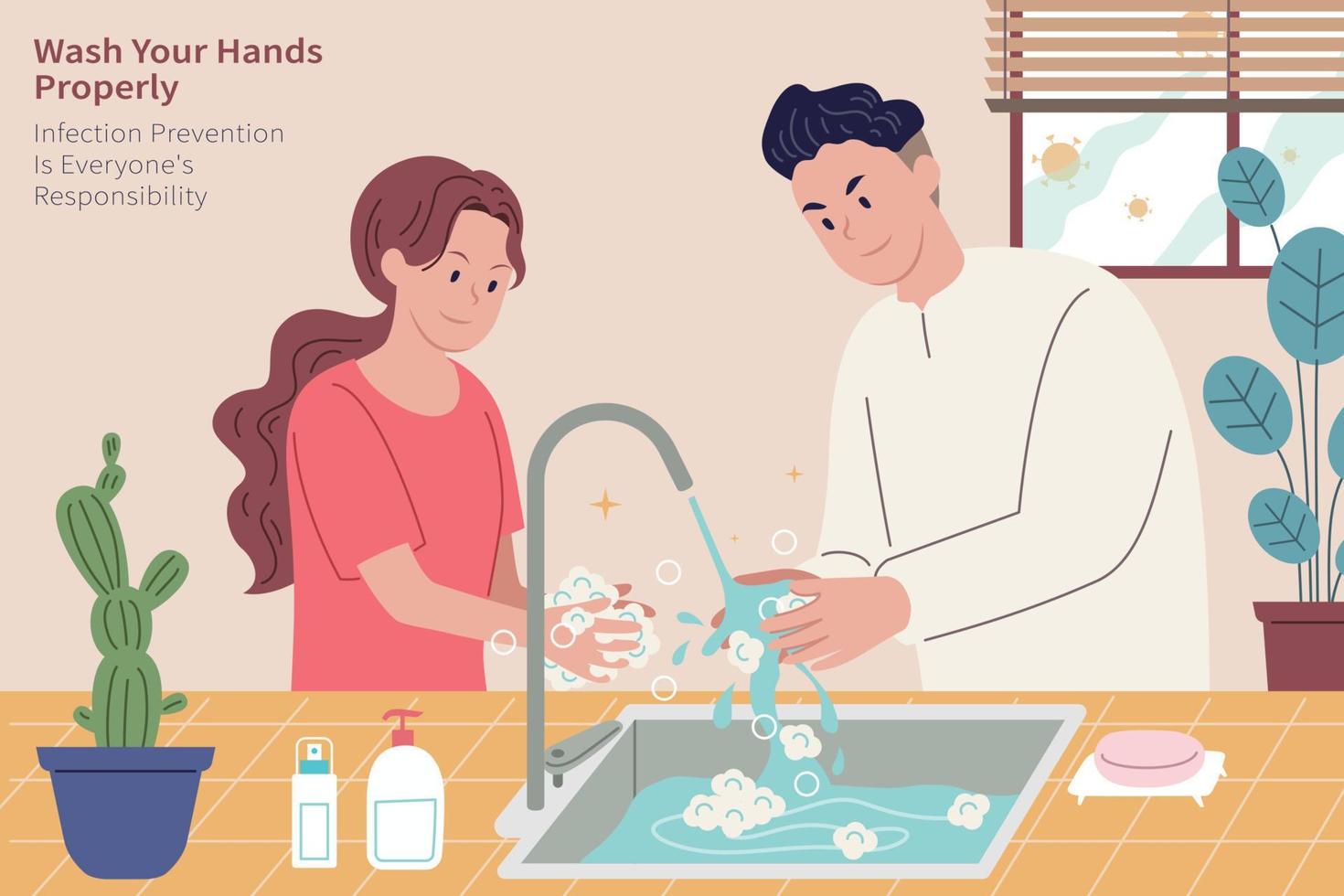 Cute couple washing hands with soap to keep the virus away, hygiene protection against COVID-19 vector