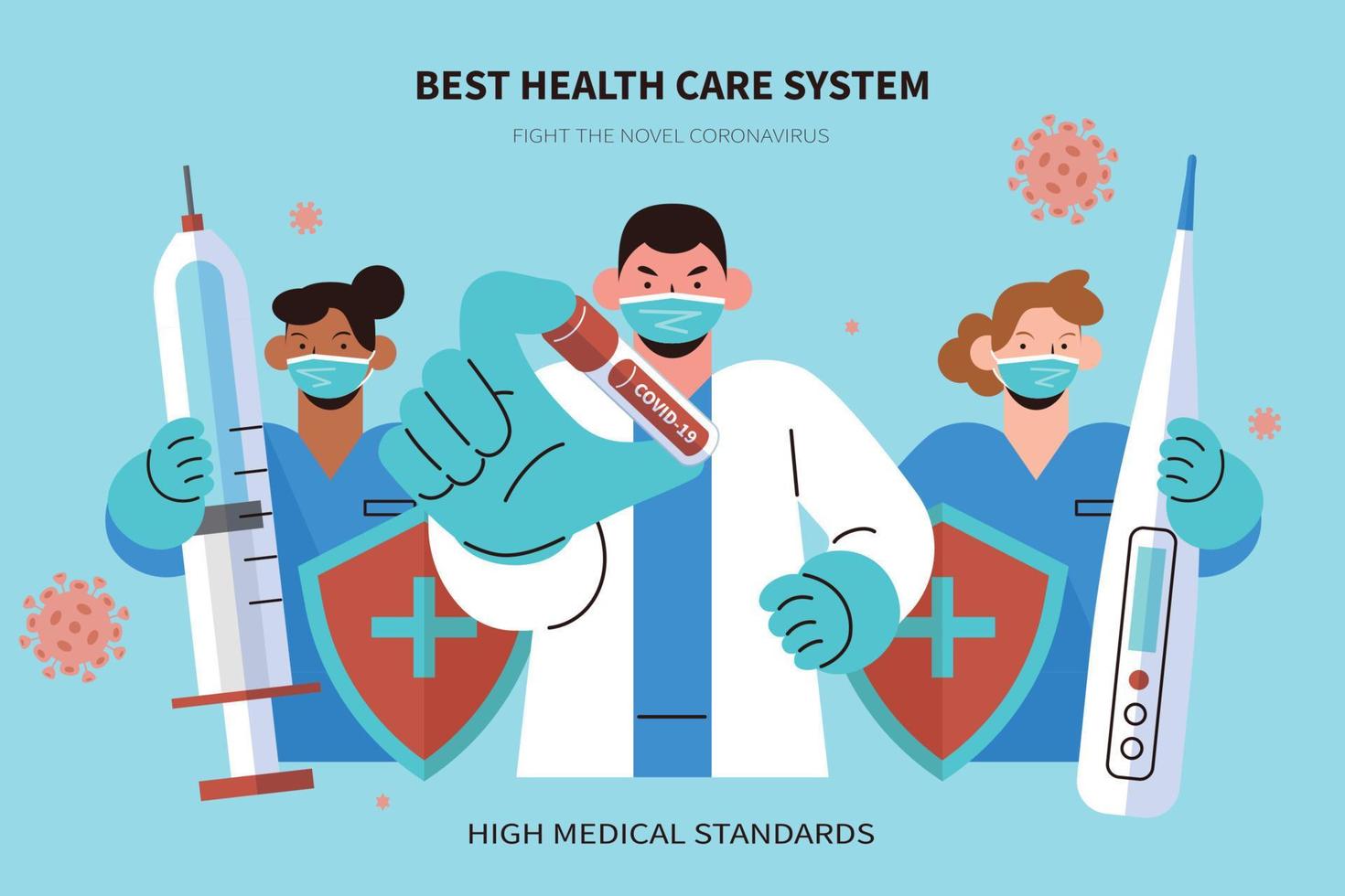 A team of professional medical workers holding syringe, thermometer and test tube, in the concept of fighting against COVID-19 with good medical support vector