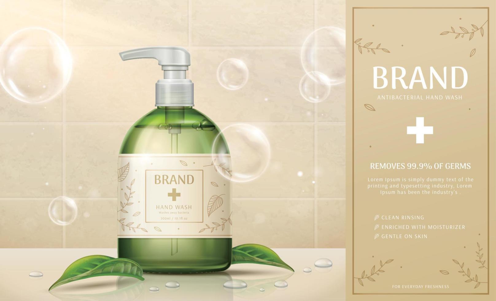 3D illustration of hand wash ad template, realistic pump bottle mock-up set on beige table with green leaves vector