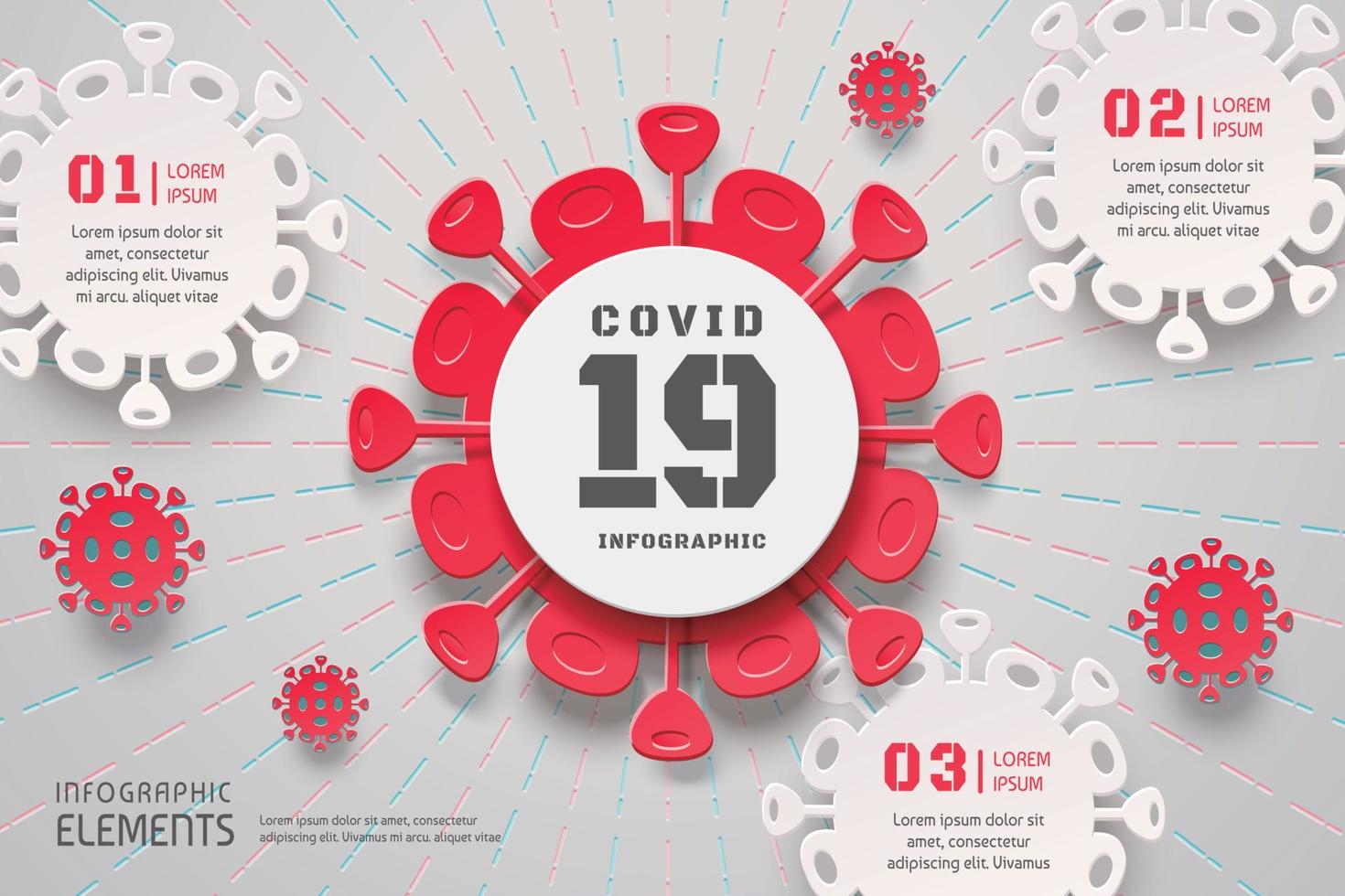 Editable COVID-19 infographic template decorated with virus in simple paper cut design and dash lines on the gray background vector