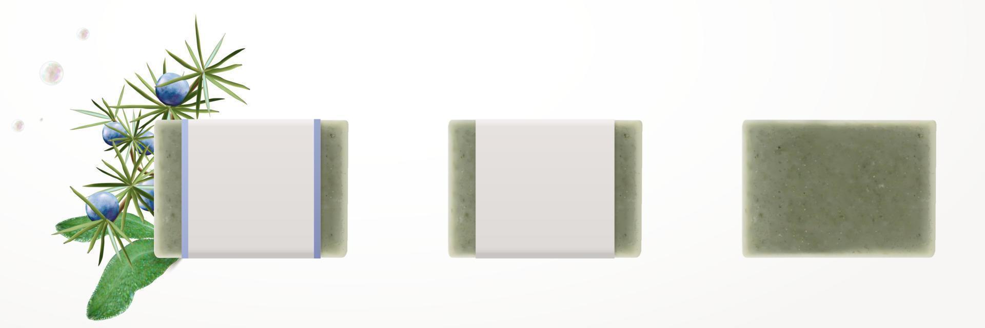 Realistic close-up of organic bar soap mock-ups, isolated on white background, 3d illustration vector