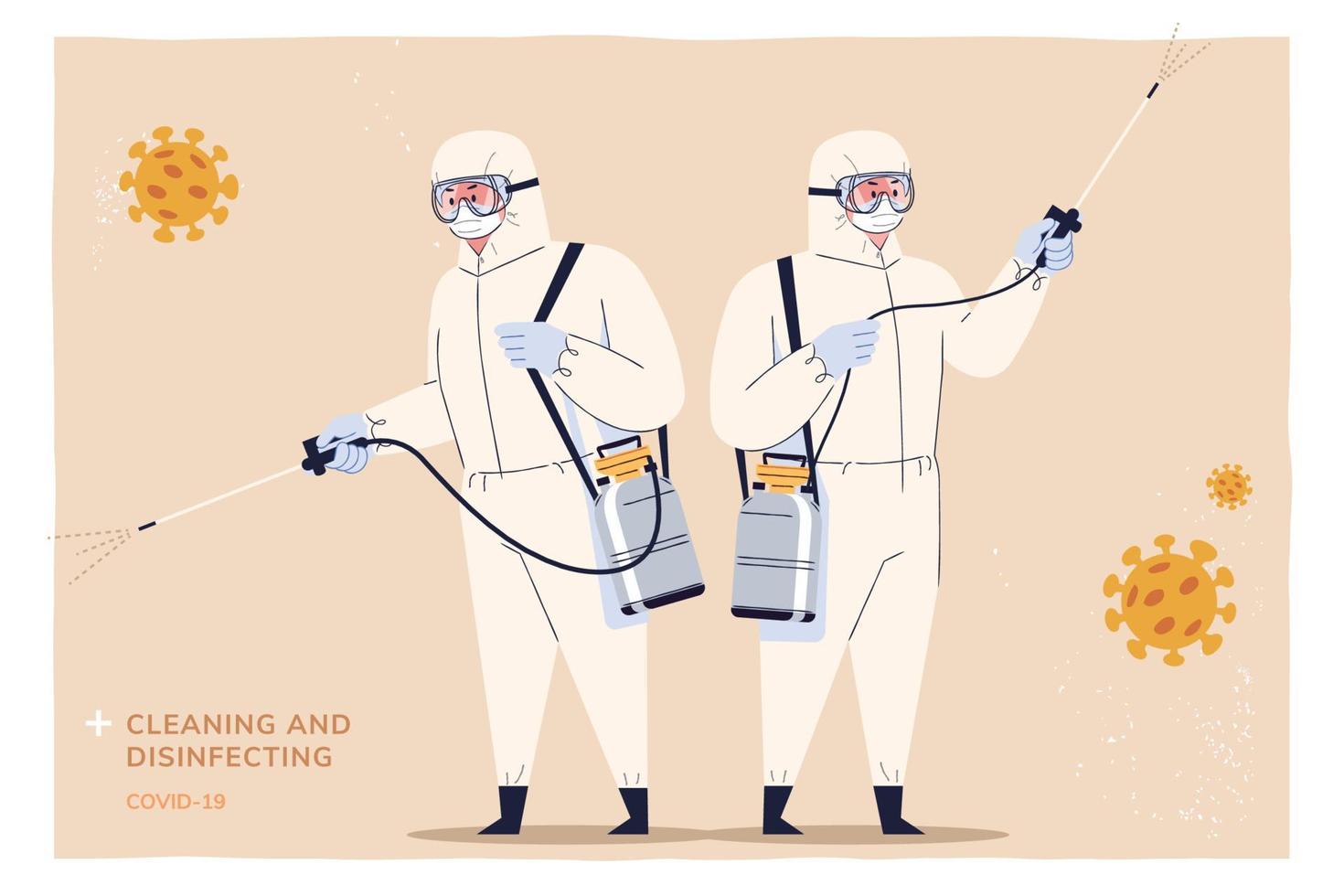 Two people with hazmat suits carefully disinfecting the settings to avoid coronavirus transmission during COVID-19 outbreaks, isolated on straw yellow background in flat design vector
