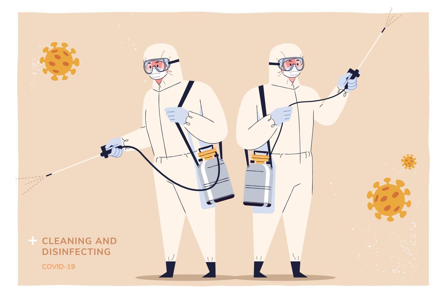 dos personas con materiales peligrosos trajes cuidadosamente desinfectar el ajustes a evitar coronavirus transmisión durante covid-19 brotes, aislado en Paja amarillo antecedentes en plano diseño vector