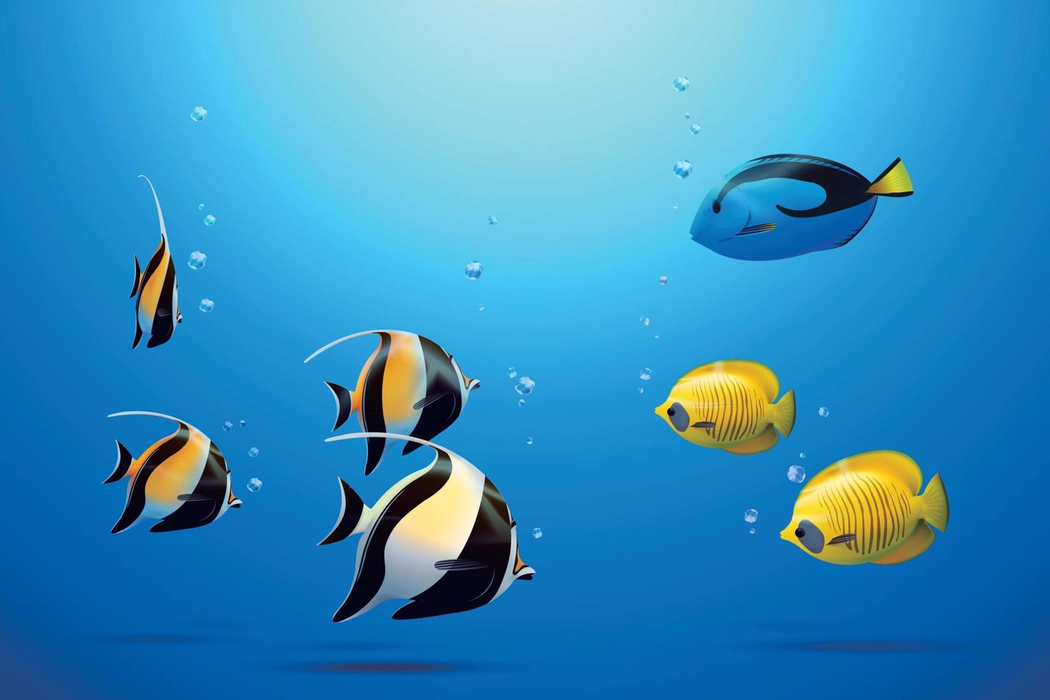 Tres tropical pescado incluso zanclus, mejilla azul pez mariposa y azul Espiga debajo el mar en 3d ilustración vector