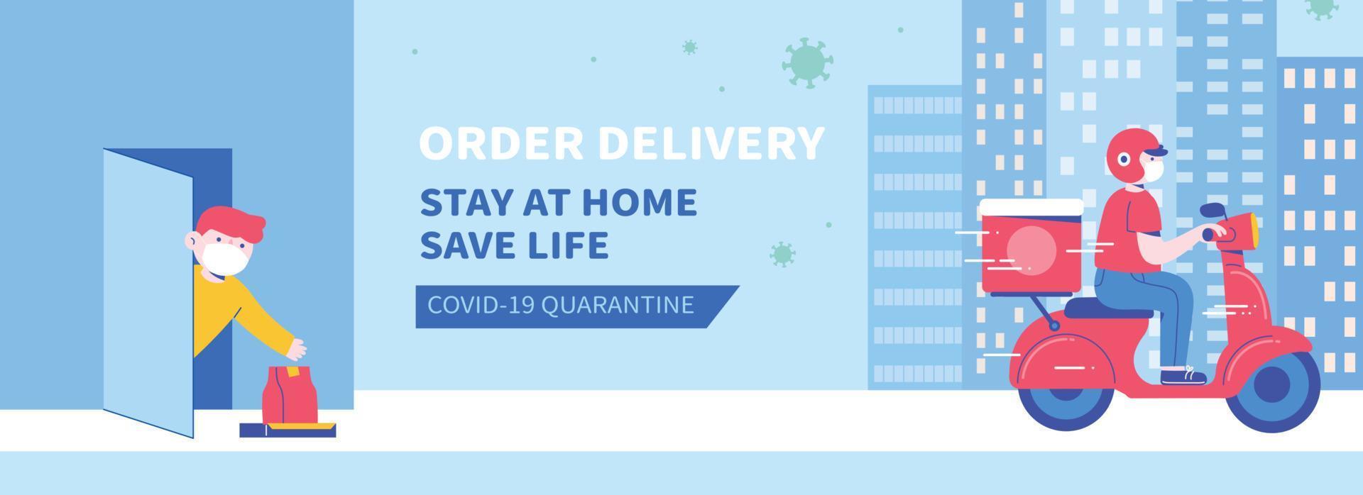 Concept of no contact food delivery, with courier offering a drop-off without physical contact during COVID-19 quarantine vector