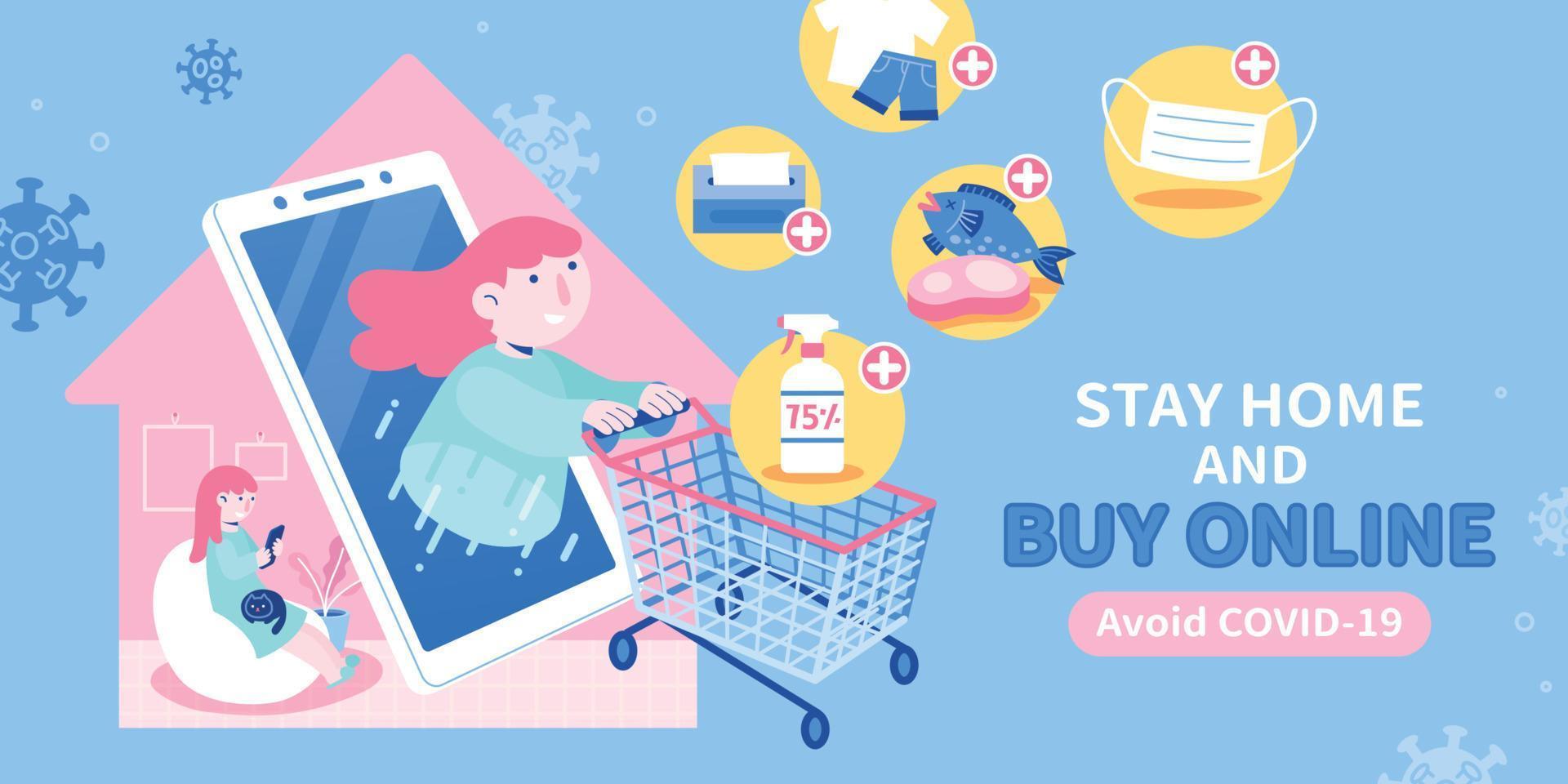 A cute girl sitting home and shopping online safely to avoid getting infected while going out to markets and crowed places vector