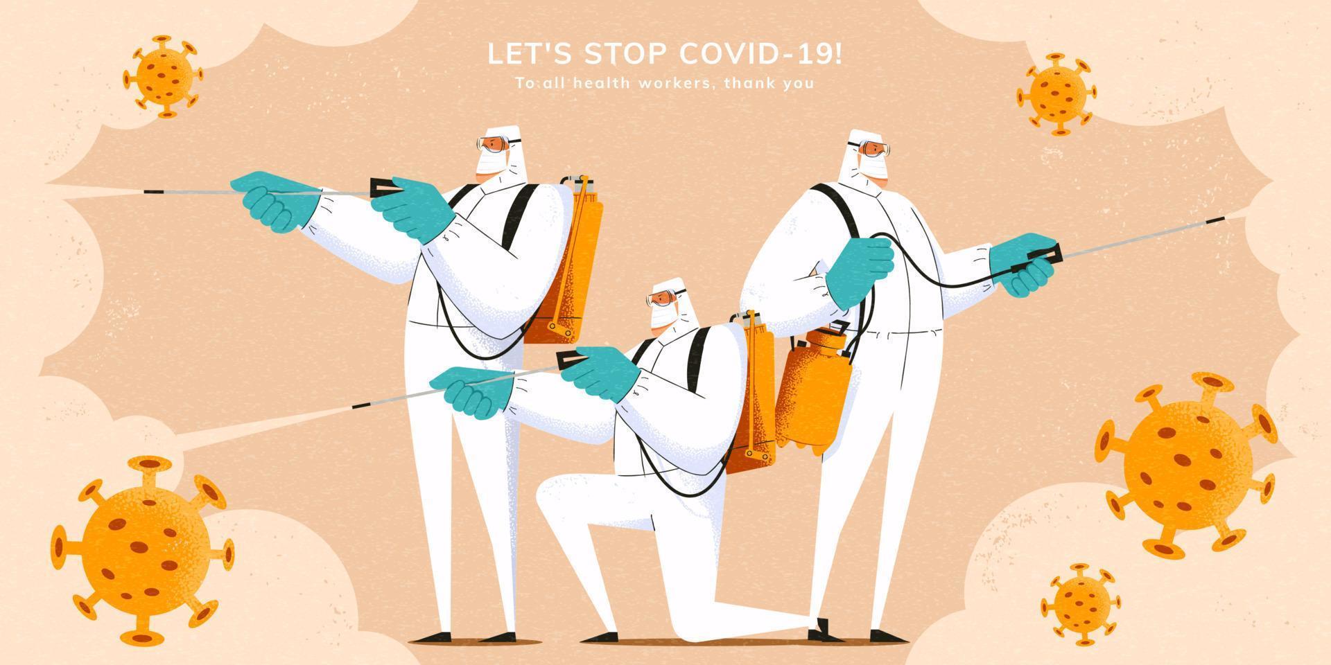 Three men in protective suits doing disinfecting to kill the virus, concept of appreciation for medical workers who fight hard to stop the COVID-19 spreading vector