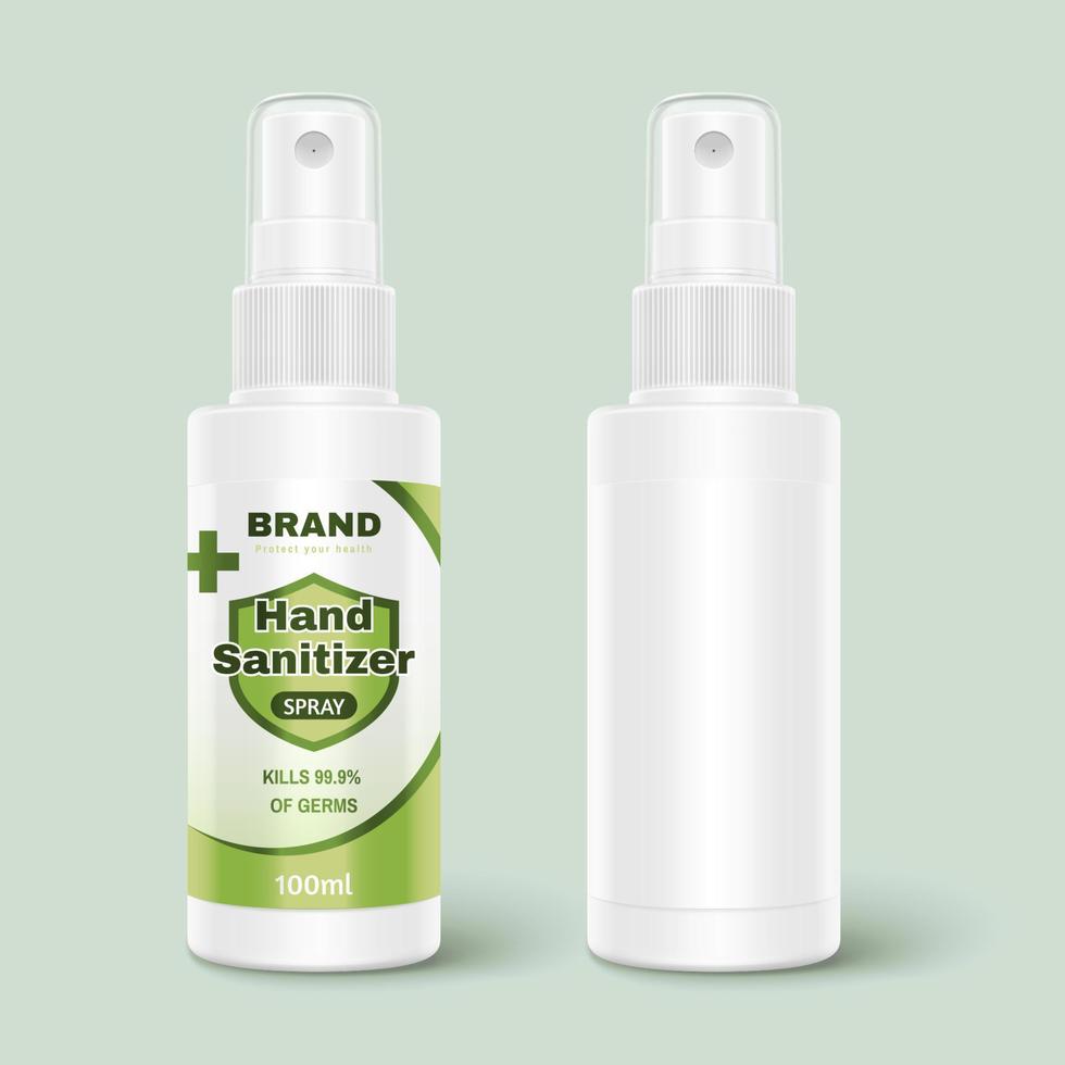 3d illustration of hand sanitizer spray bottles, one with designed label and one without, isolated on light green background vector