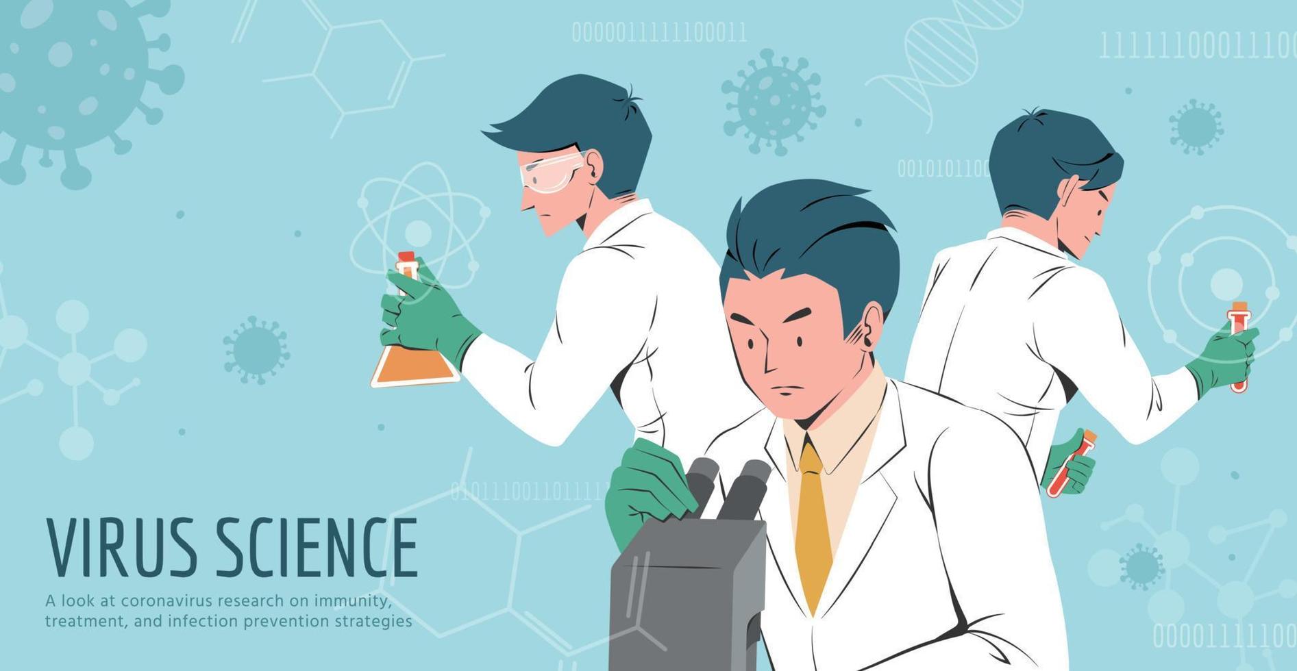 Three hardworking medical scientists trying to find the vaccine and treatment for COVID-19, design in flat style vector