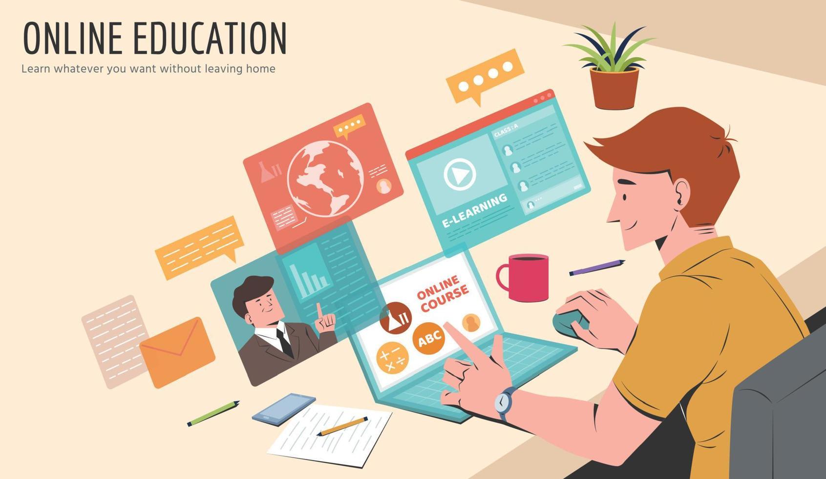Young man staying home and enjoying learning through laptop, concept of online education vector