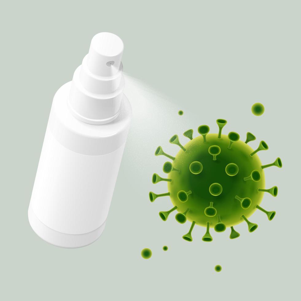 Anti-bacterial sanitizer spray with blank label isolated on light green background, 3d illustration vector