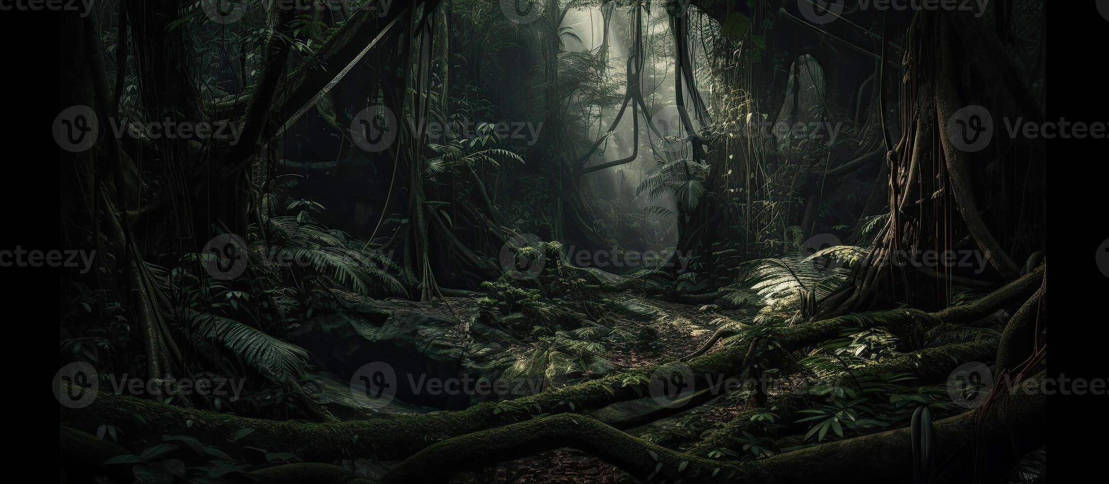 Beams of sunlight piercing through dense dark woodland forest creating a peaceful and thoughtful setting. photo