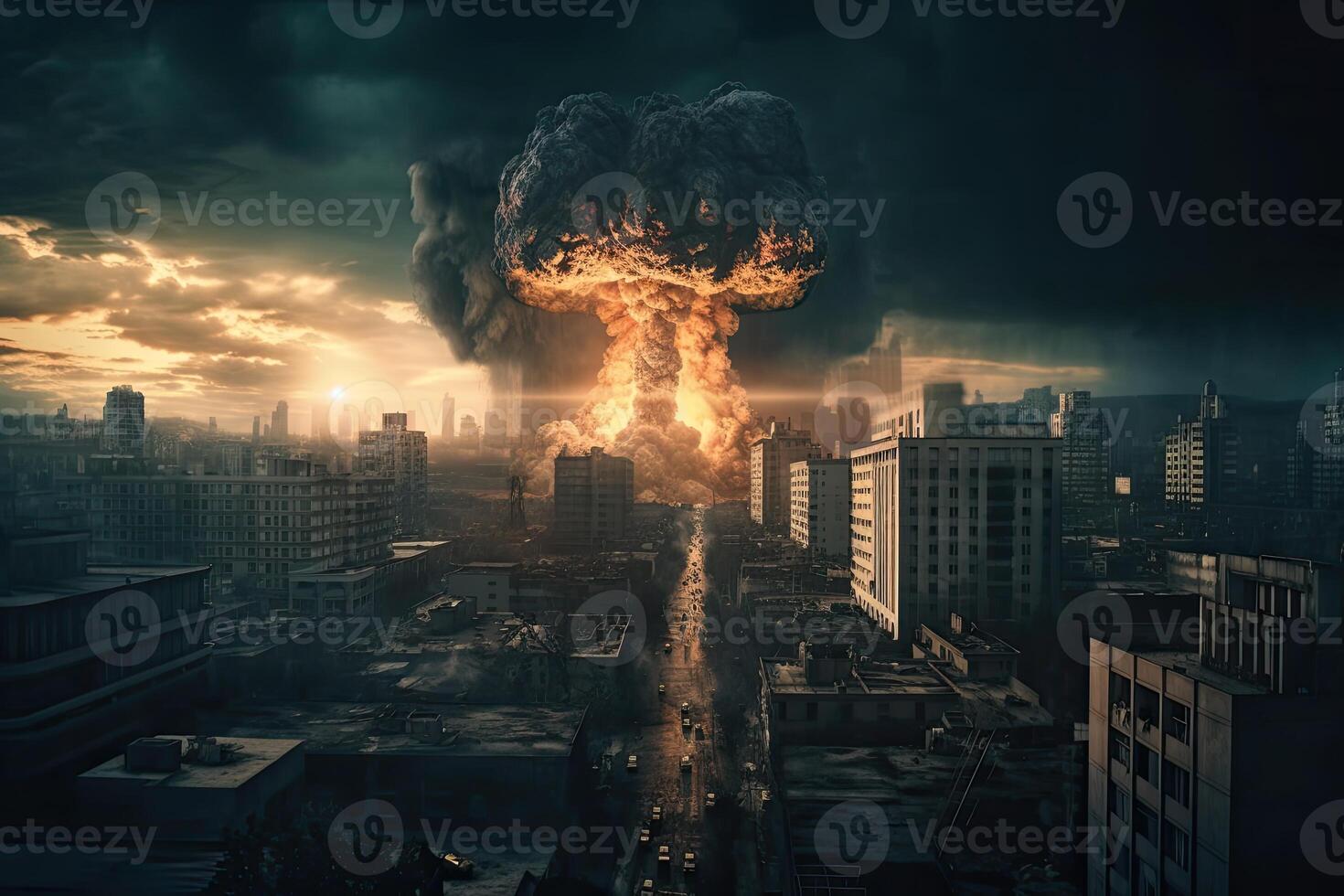 el explosión de el nuclear bomba. final de mundo ilustración. nuclear guerra amenaza concepto. un moderno nuclear bomba explosión terminado un pequeño ciudad. generativo ai foto