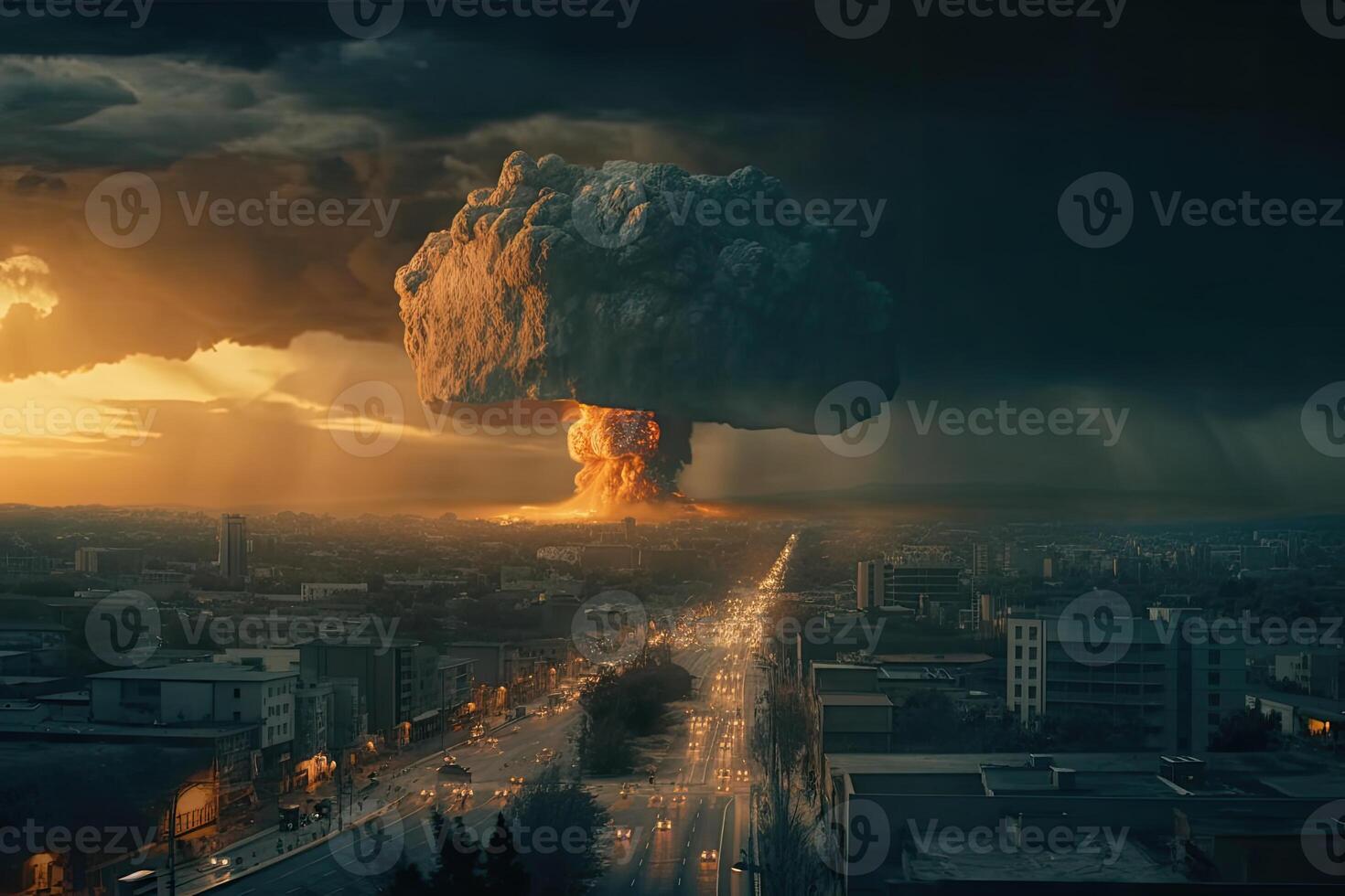 The explosion of the nuclear bomb. End of world illustration. Nuclear war threat concept. A modern nuclear bomb explosion over a small city. photo